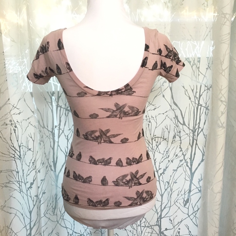 Obey LOW OPEN BACK pink birds on a wire shirt top - Picture 5 of 5